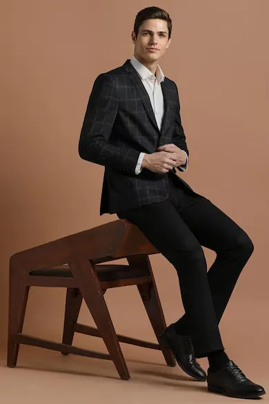 Men Black Slim Fit Check Formal Blazer